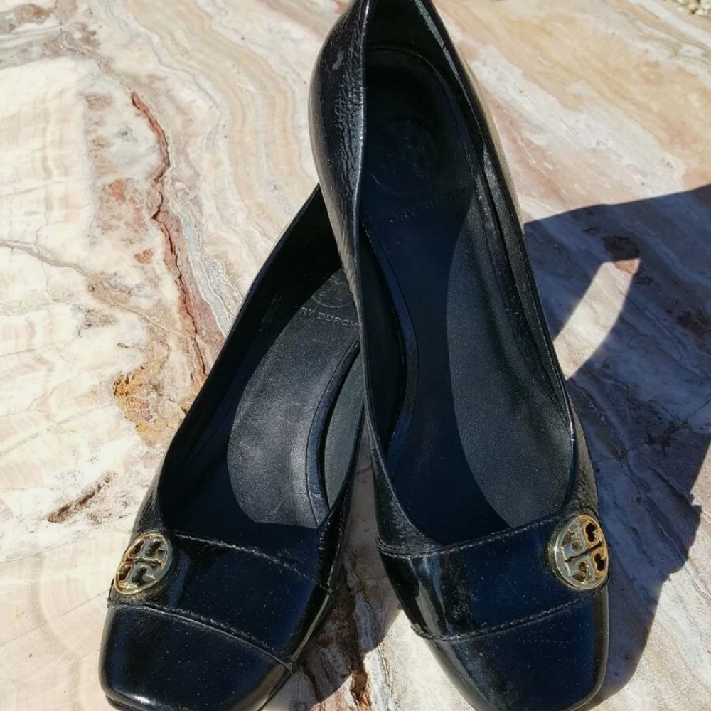 Tory Burch Leather Black Patent Leather Block Heel